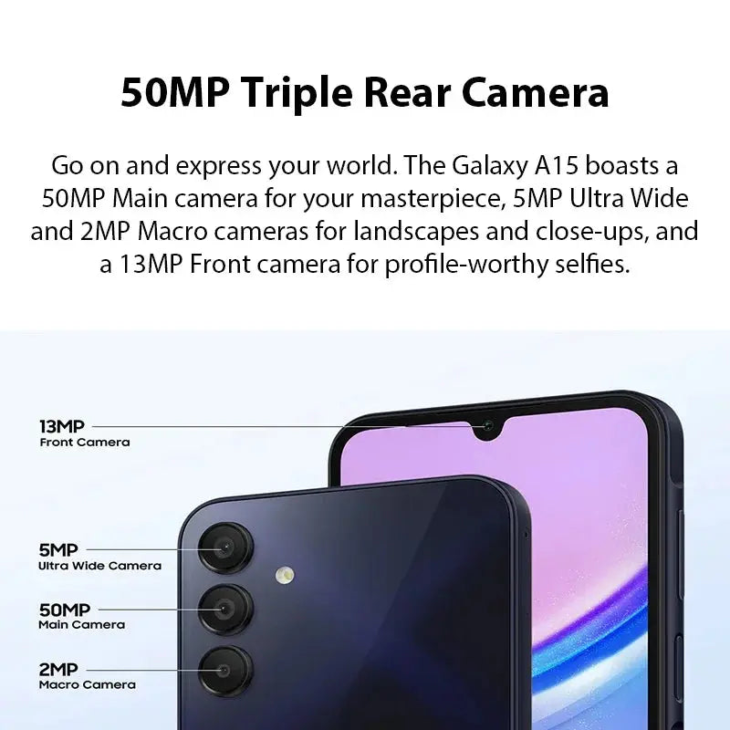 Global Version Samsung Galaxy A15 4G Smartphone 50MP Triple Rear Camera 6.5'' 90Hz Super AMOLED Display 5000mAh Battery NFC Théo Trove