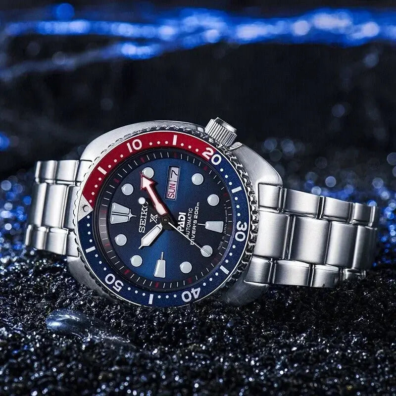 Seiko Men's PADI SRPE99 Water Ghost Automatic Mechanical Watch Diving Watch Silver Strap blue Red Bezel Wrist Watch Théo Trove