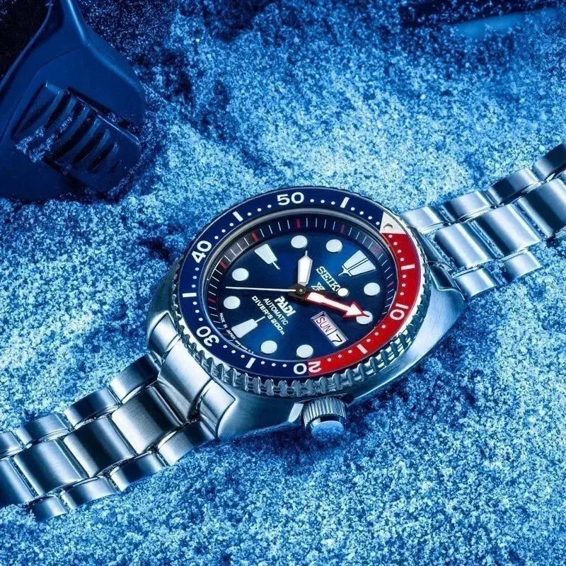 Seiko Men's PADI SRPE99 Water Ghost Automatic Mechanical Watch Diving Watch Silver Strap blue Red Bezel Wrist Watch Théo Trove